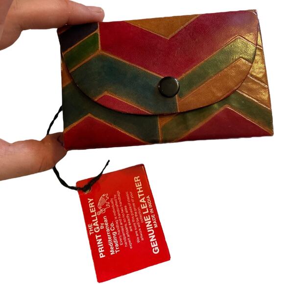 Vintage 90s Mediterranean Trading Co Hand Painted Leather Mini Crossbody Wallet - Picture 1 of 15